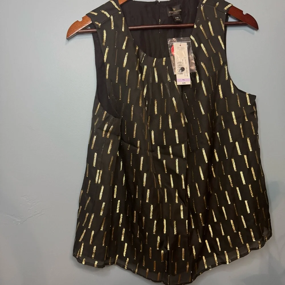 Worthington Sleeveless Black Clip Geometric Blouse Gold. NWT. XL Petite - Picture 7 of 13